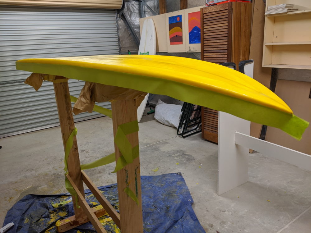 Hot coating a surfboard blank Red Bluff Surfboards